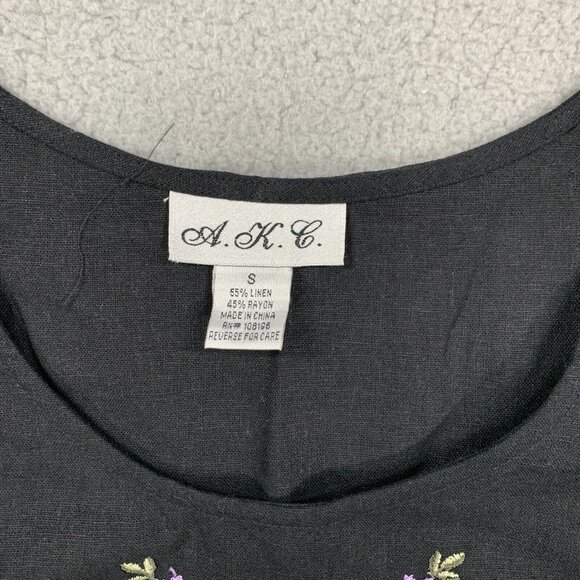 VTG 90s AKC 3pc Pant Set Womens Small Black Blue Linen Blend Floral Casual-Suit - Picture 12 of 16